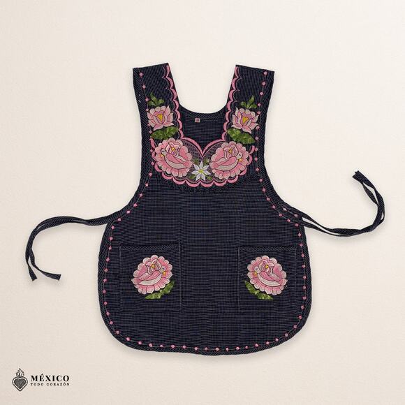Pink & Blue Mexican Embroidered Smock Apron, Floral Traditional Design for Women - Picture 3 of 8